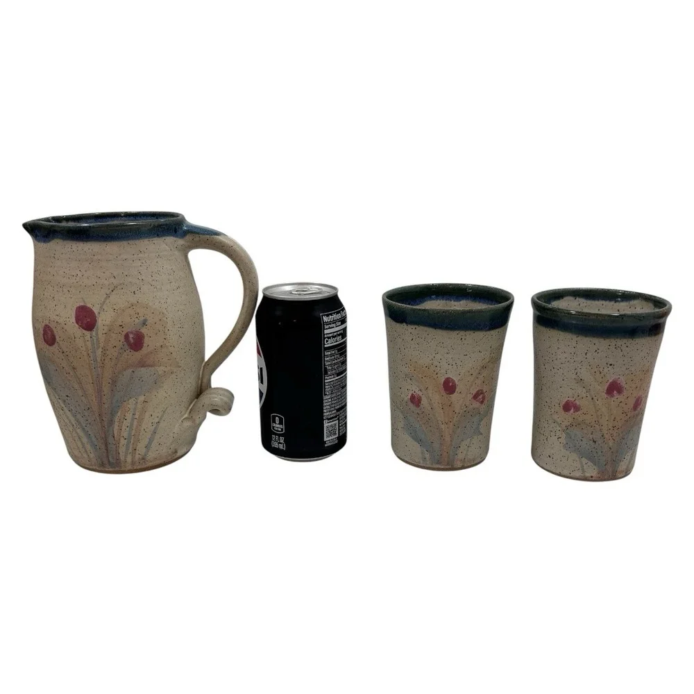 Vintage Pottery Floral‎ Pitcher Cups by Russell Wood of Seagrove NC Signed 2005